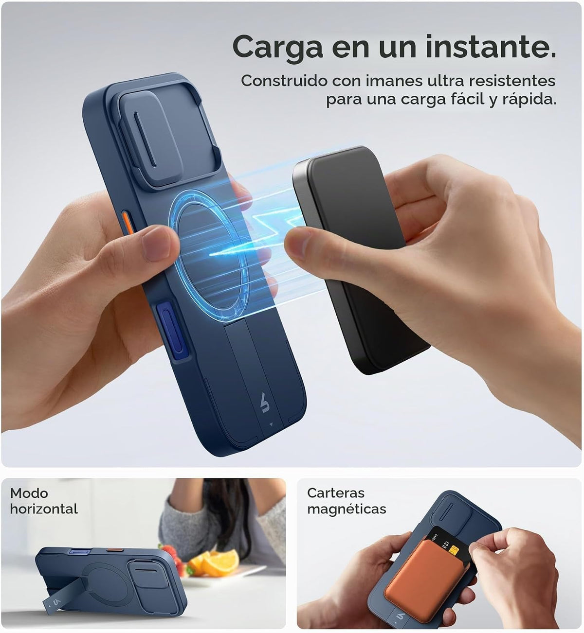 SURITCH Funda para iPhone 16 con cubierta magnética para cámara deslizante y soporte ajustable, compatible con MagSafe, funda protectora delgada a prueba de golpes de 6.1 pulgadas, azul