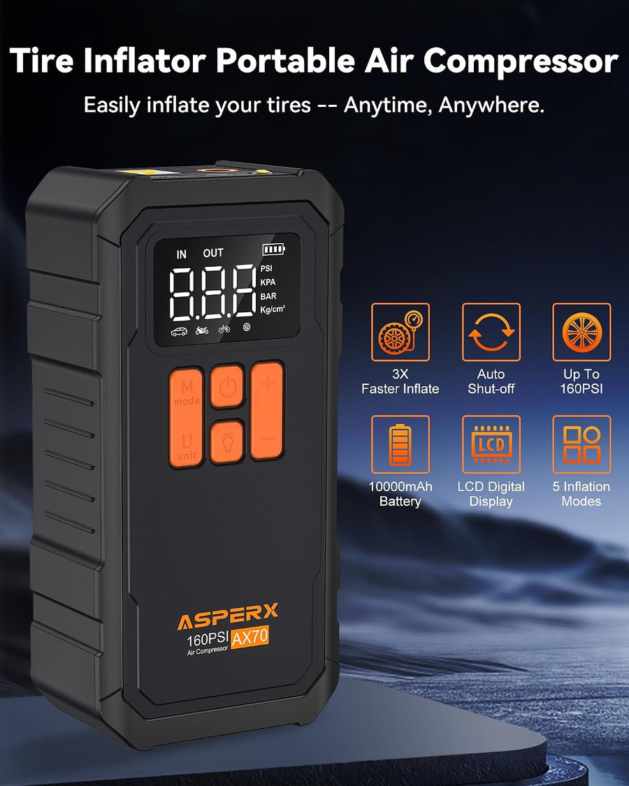 Inflador de neumáticos, compresor de aire portátil de 160 PSI y 100...