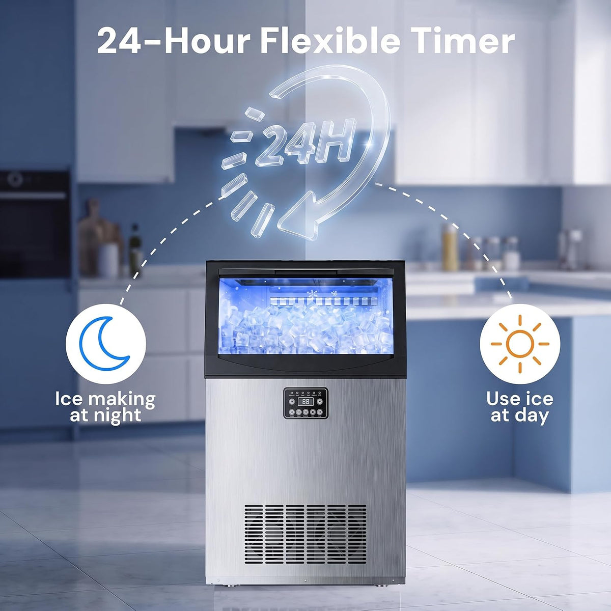 Uthfy Máquina de hielo comercial de 110 libras/24 horas, máquina de hielo debajo de la encimera, 36 cubos de hielo en 14 minutos, almacenamiento de 33 libras, filtro de agua y autolimpieza, máquina de