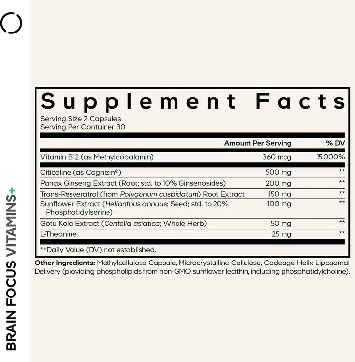 Codeage Brain Focus Vitamins+, Citicolina Cognizina, Ginseng, 60 Cá...