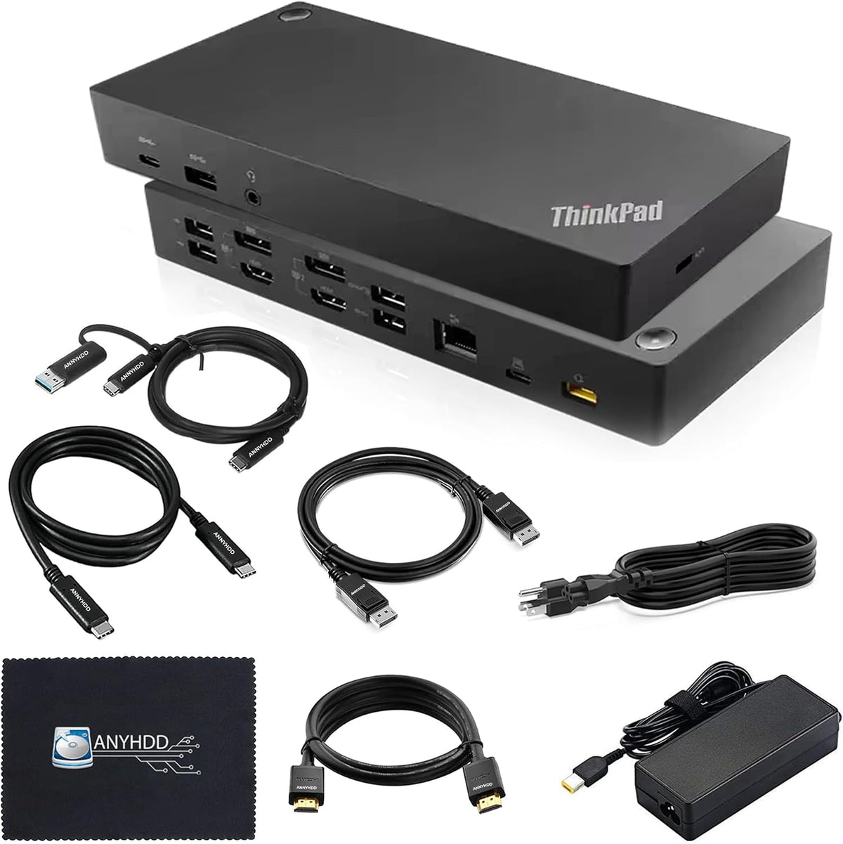 Lenovo 40AF0135US Estación de acoplamiento Thinkpad Dual Monitor híbrido USB-C con USB-A - 1 año de garantía, con adaptador de 135W + cable HDMI + cable DisplayPort + cable USB-C + paño de microfibra