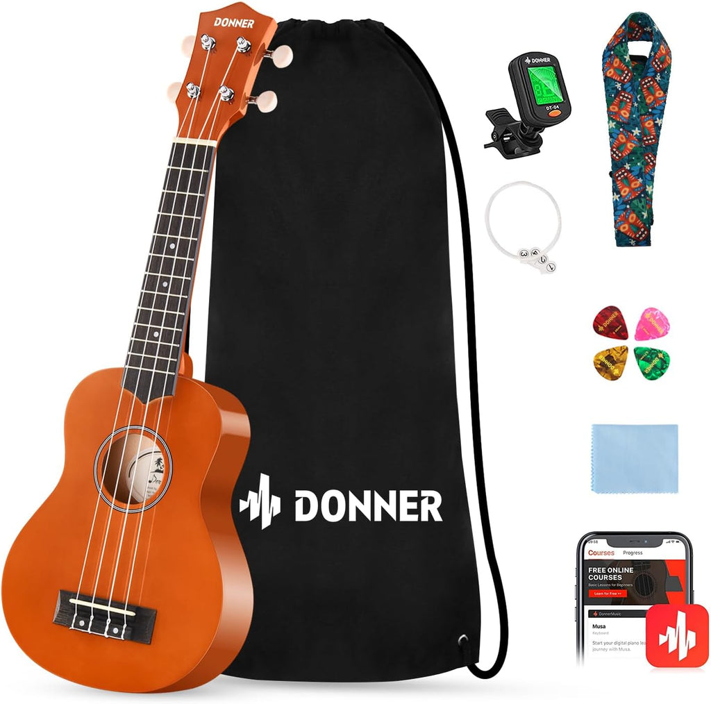 Donner Kit de ukelele soprano para principiantes, de 21 pulgadas, paquete para principiantes con clases gratuitas en línea, bolsa, correa, cuerdas, afinador, púas y trapo, Ukalalee Yukalalee (naranja)