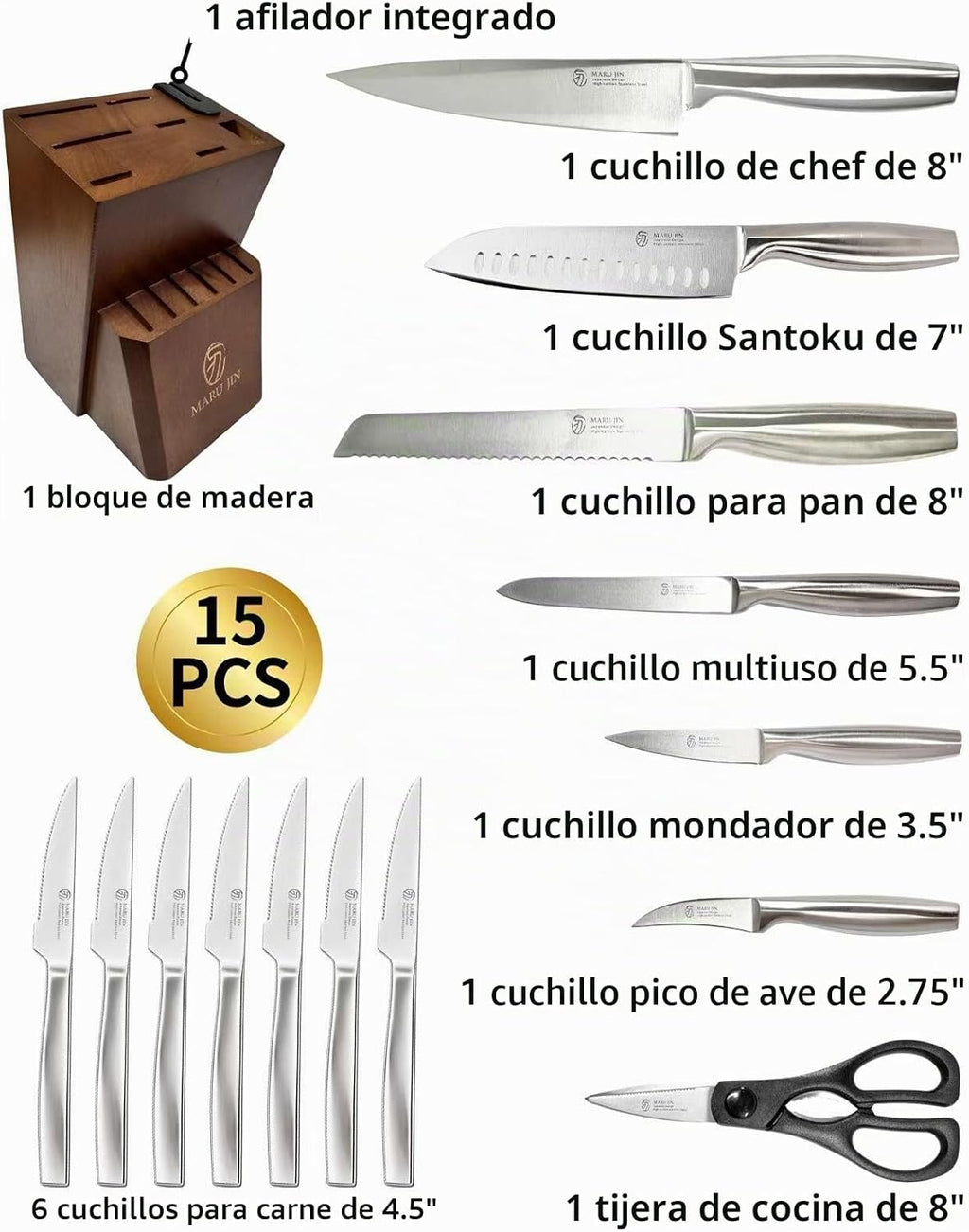 MARU JIN - Juego de cuchillos de cocina japoneses de 15 piezas con afilador integrado, juego de cuchillos de chef de acero inoxidable de alto carbono, apto para lavavajillas (madera)
