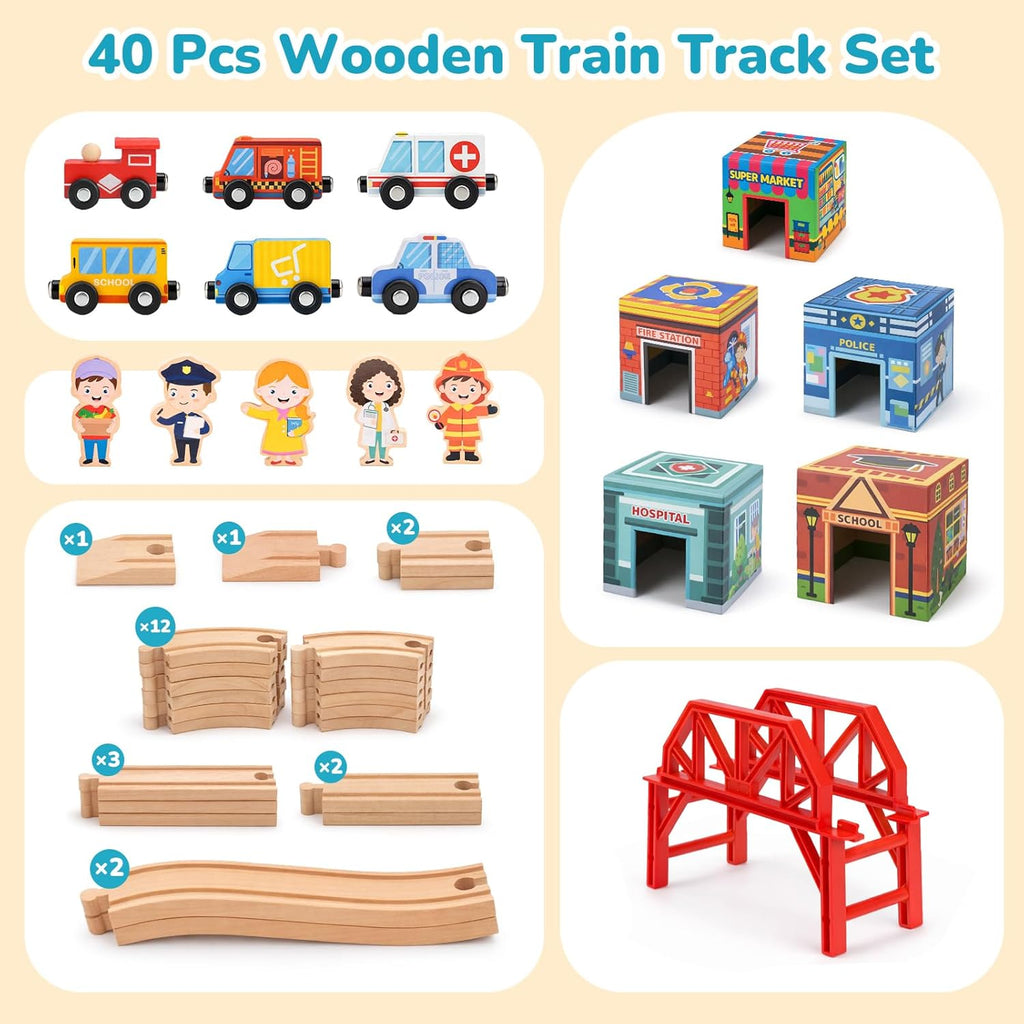 Juego completo de tren de madera para niños, pistas de tren de madera