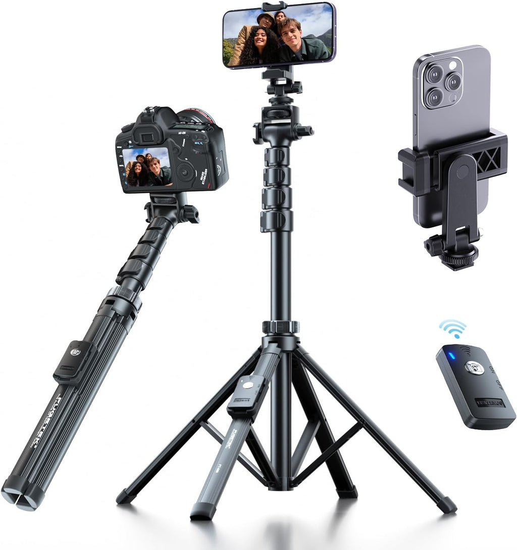 Fugetek Trípode profesional para teléfono celular de 62", diseño ultra estable de 4 patas, control remoto Bluetooth, bastón y patas 100% de aluminio, portátil todo en uno, soporte para teléfono de 360