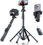 Fugetek Trípode profesional para teléfono celular de 62", diseño ultra estable de 4 patas, control remoto Bluetooth, bastón y patas 100% de aluminio, portátil todo en uno, soporte para teléfono de 360
