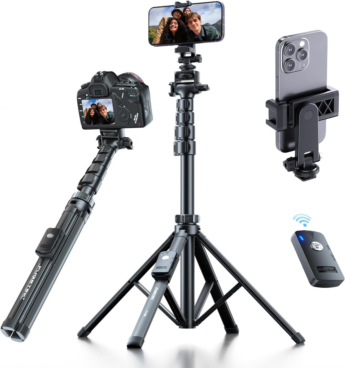 Fugetek Trípode profesional para teléfono celular de 62", diseño ultra estable de 4 patas, control remoto Bluetooth, bastón y patas 100% de aluminio, portátil todo en uno, soporte para teléfono de 360