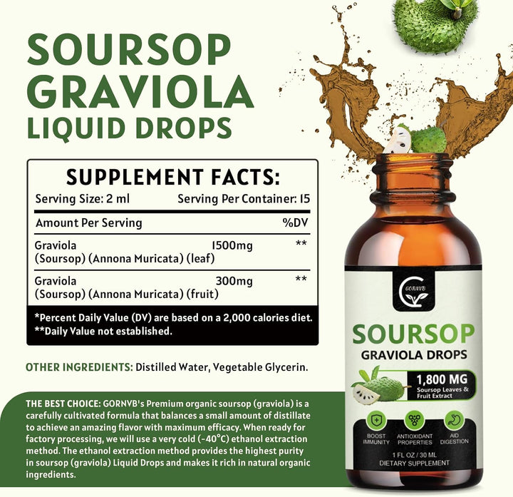 Paquete de 2 gotas líquidas de graviola de guanábana de 1800 mg, 98...