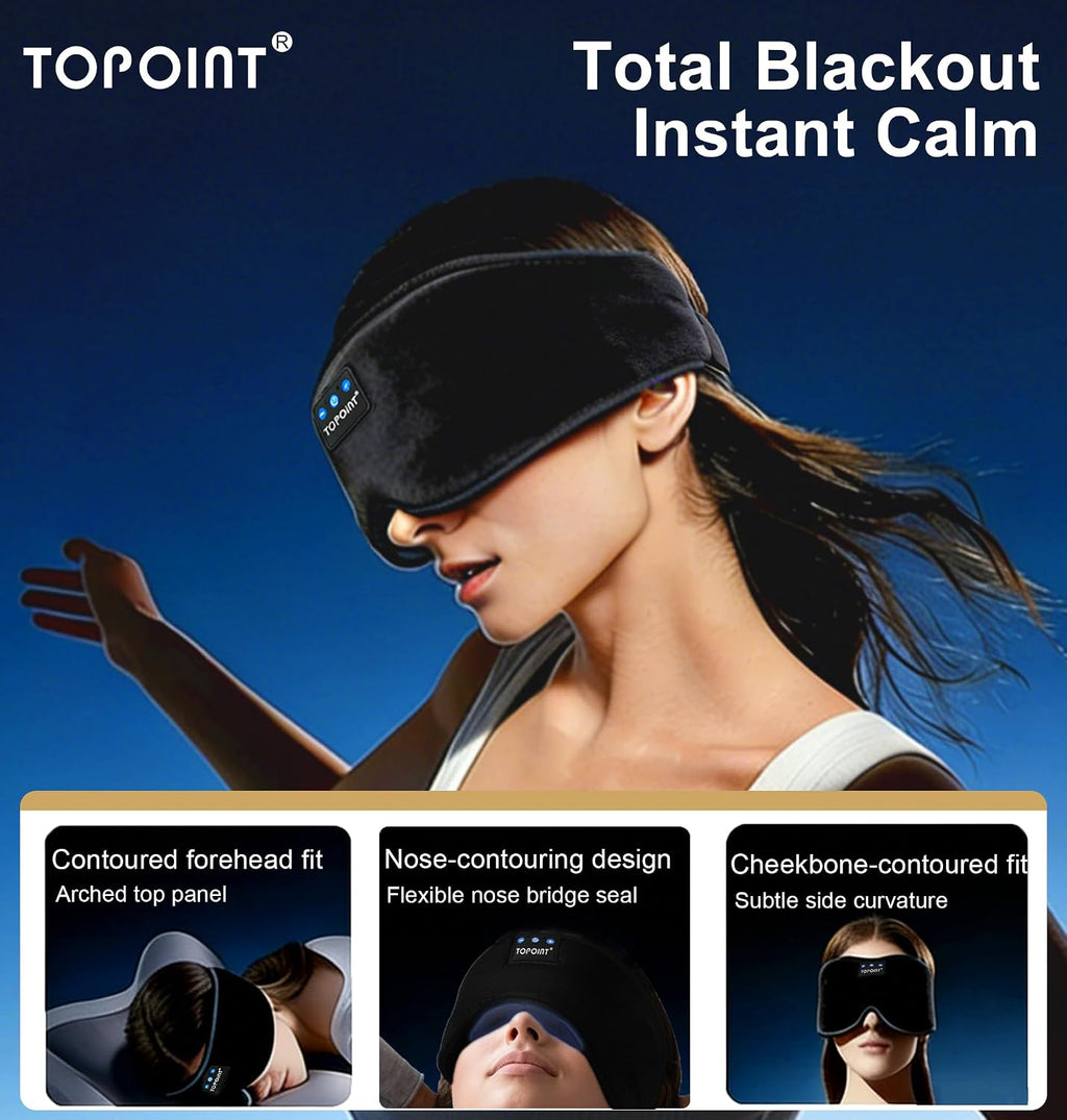 TOPOINT - Antifaz para dormir con auriculares Bluetooth 5.4 inalámbricos, auriculares para dormir con micrófono, altavoces HD, música, antifaz para dormir y meditar, para hombres y mujeres, accesorios
