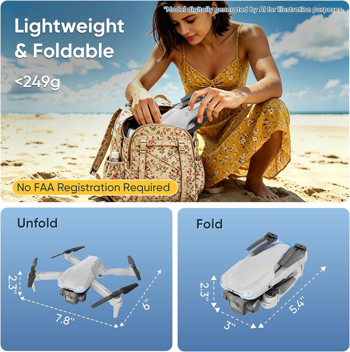 Drone 1080P con cámara para niños y adultos principiantes, cuadricóptero FPV plegable con una tecla de despegue/aterrizaje, control de gestos, giros de 360°, 2 baterías, regalo de juguete para