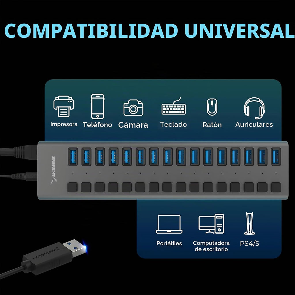 SABRENT, MKI-1200800C8, hub USB 3.0 de 16 puertos, alimentado, adaptador 12V/7.5A