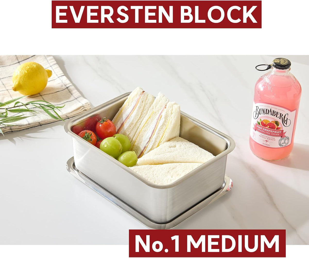 BLoCK No.1 Juego de 3 piezas + 1 red de recipientes de almacenamiento de alimentos de acero inoxidable con tapas y 1 red de sartén de hotel, electrodomésticos de cocina aptos para