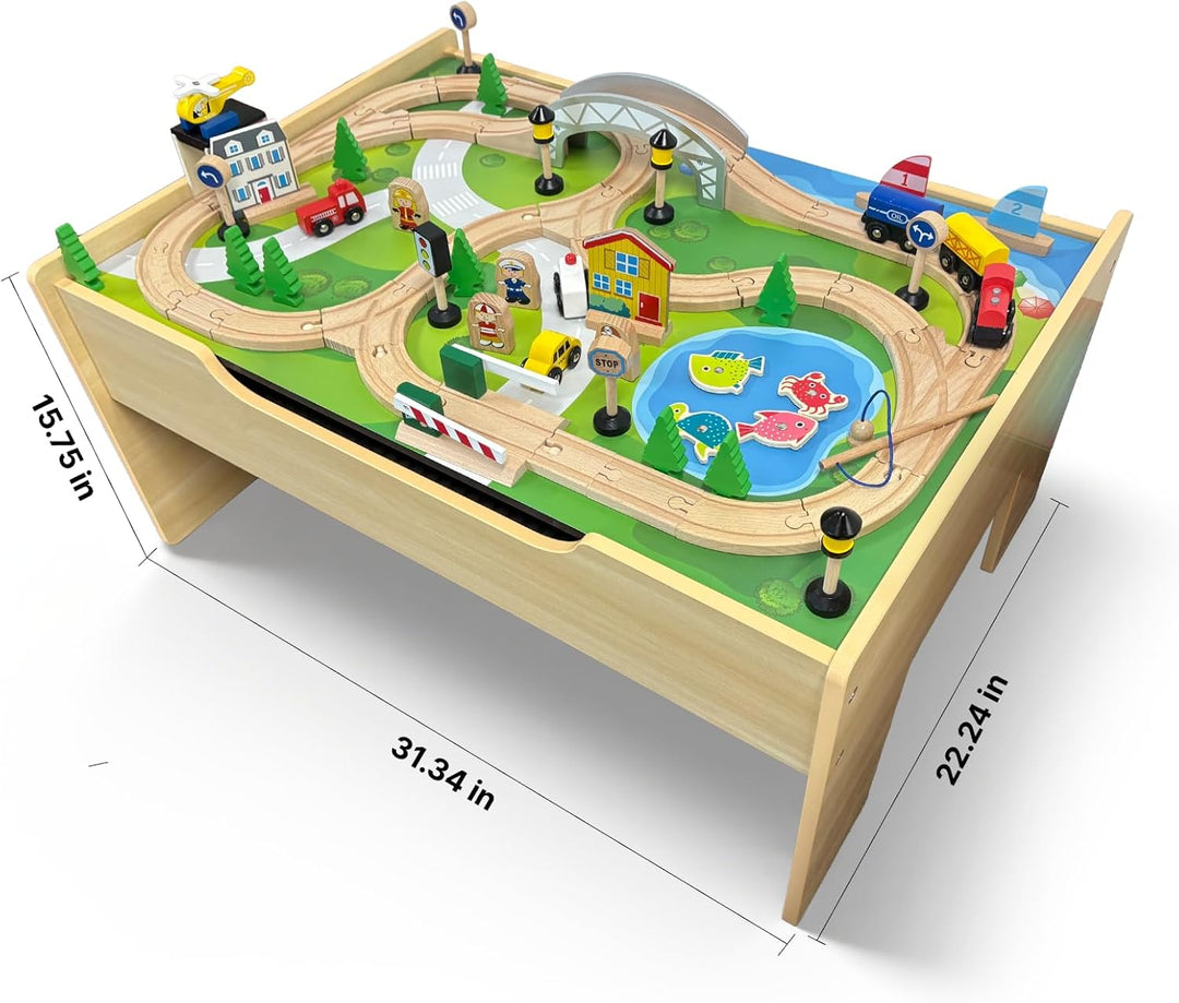 Juego de tren de madera y mesa con base de bloque de