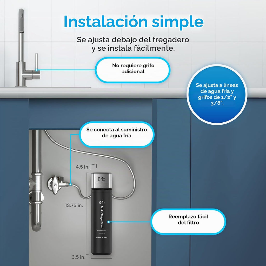 Brio Sistema de filtro de agua para debajo del fregadero de 11 pulgadas para grifo de cocina y baño, carcasa única de 3 etapas, filtros de 0.5 micrones PFAS, cloro, plomo, mercurio + | 10,000 galones o 2 años | Certificado NSF 42 y 372