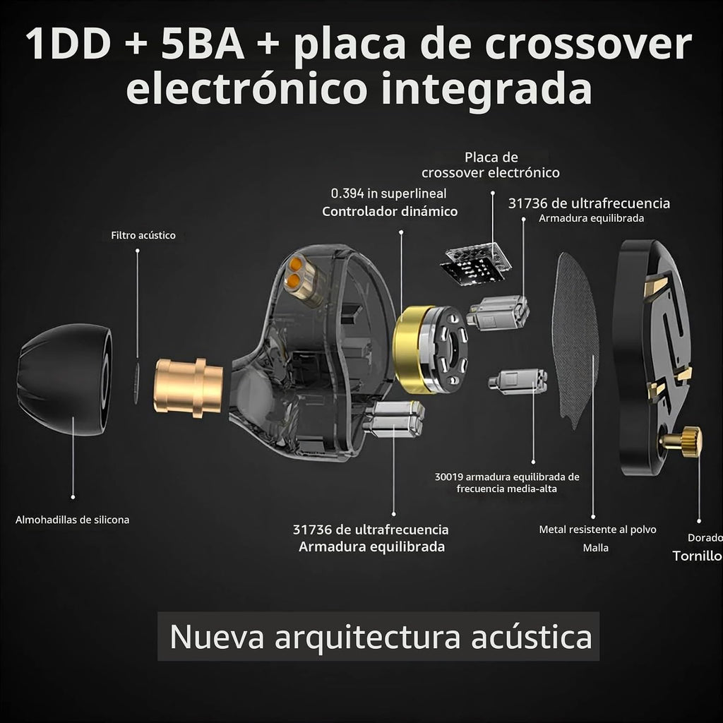 KZ ZS12 PRO 2 Auriculares con monitores intrauriculares, 5BA+1DD 6 auriculares híbridos para juegos con cable, sonido de alta fidelidad con claridad, graves inmersivos IEMs para videojuegos, músico