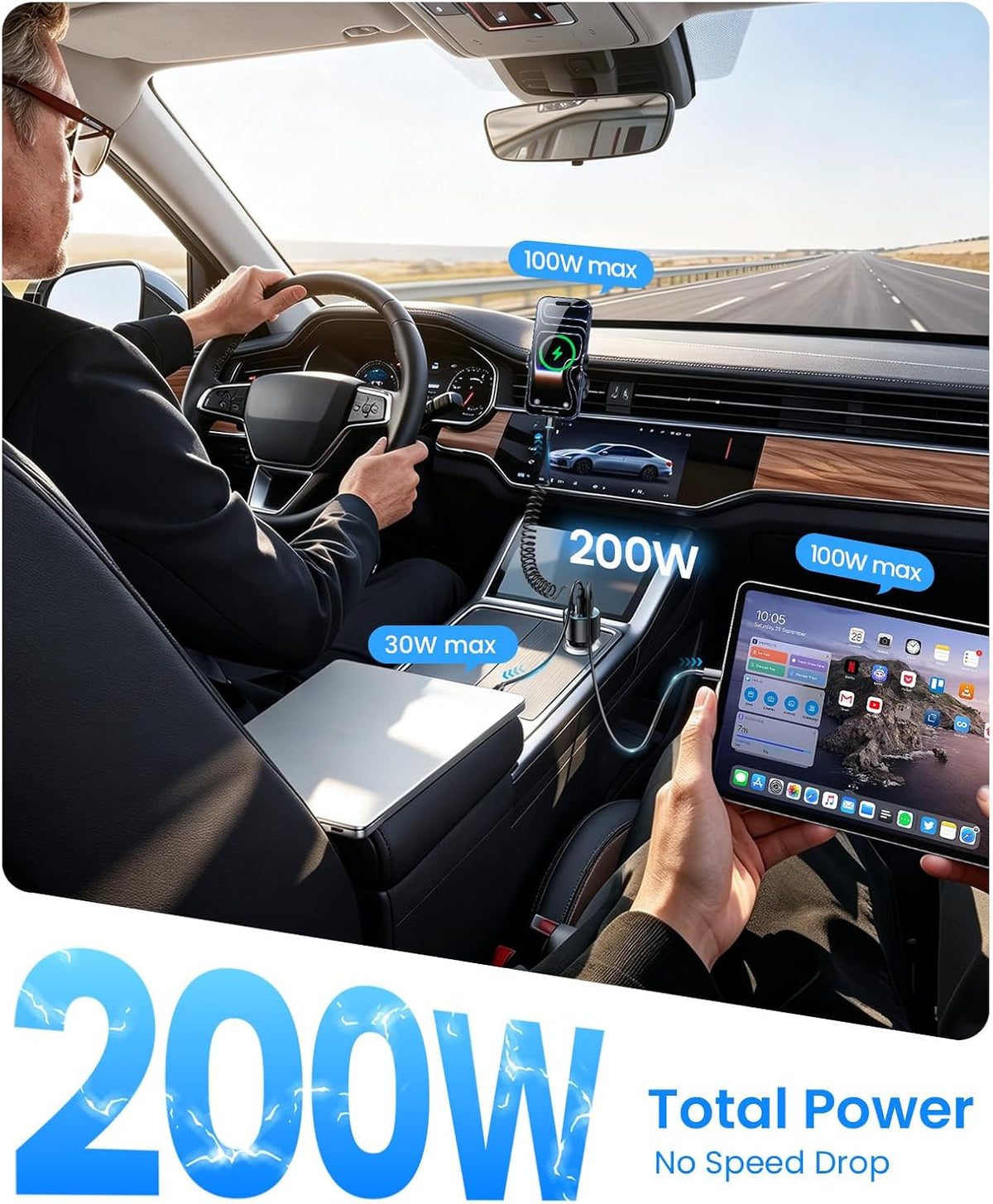 Rocoren Cargador de coche de 200W USB C carga rápida, PD 100W tipo C