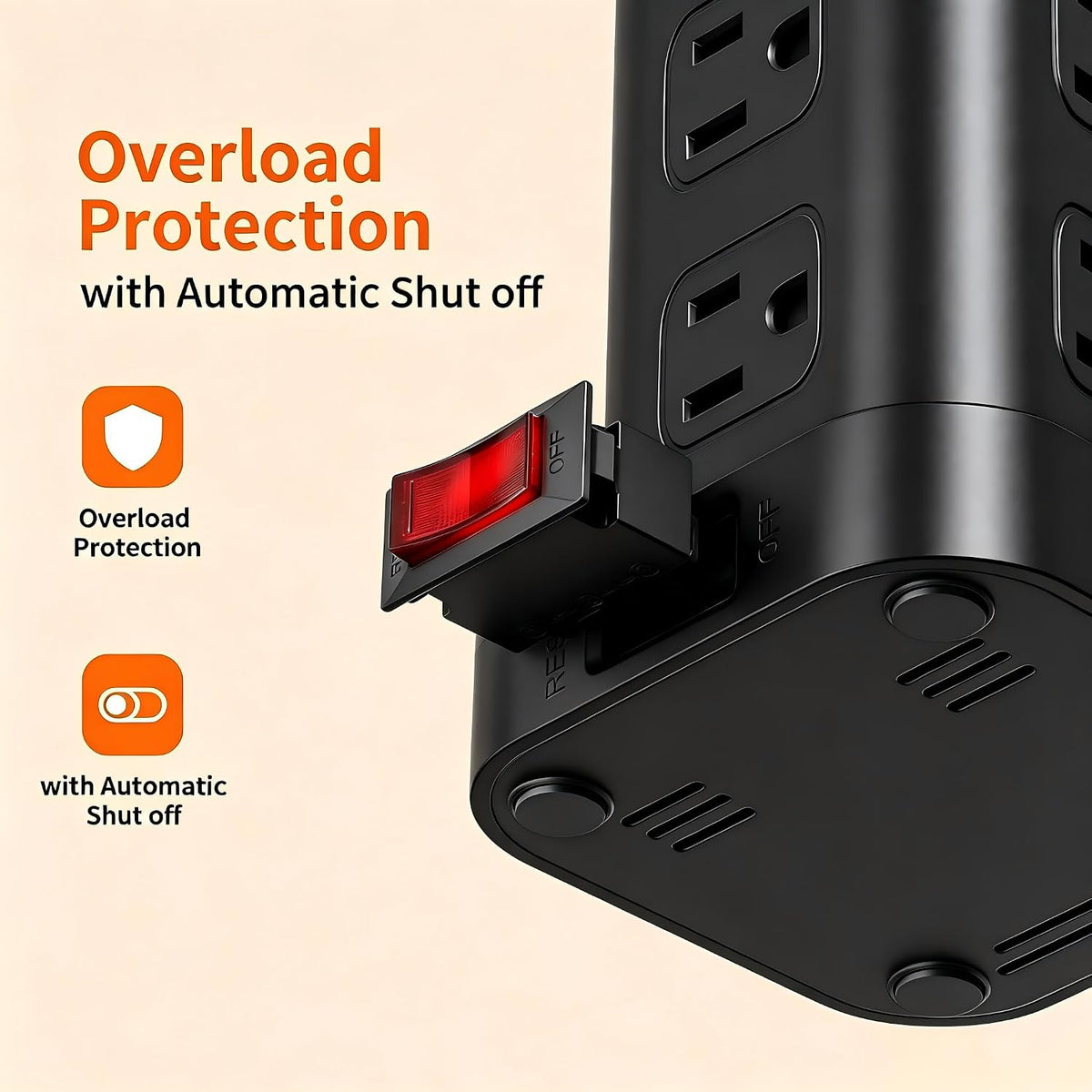 SMALLRT - Cable de extensión con múltiples tomas, torre de regleta de alimentación de enchufe plano con USB 12 salidas de CA, extensor de salida de cable de extensión ultrafino de 6.5 pies para