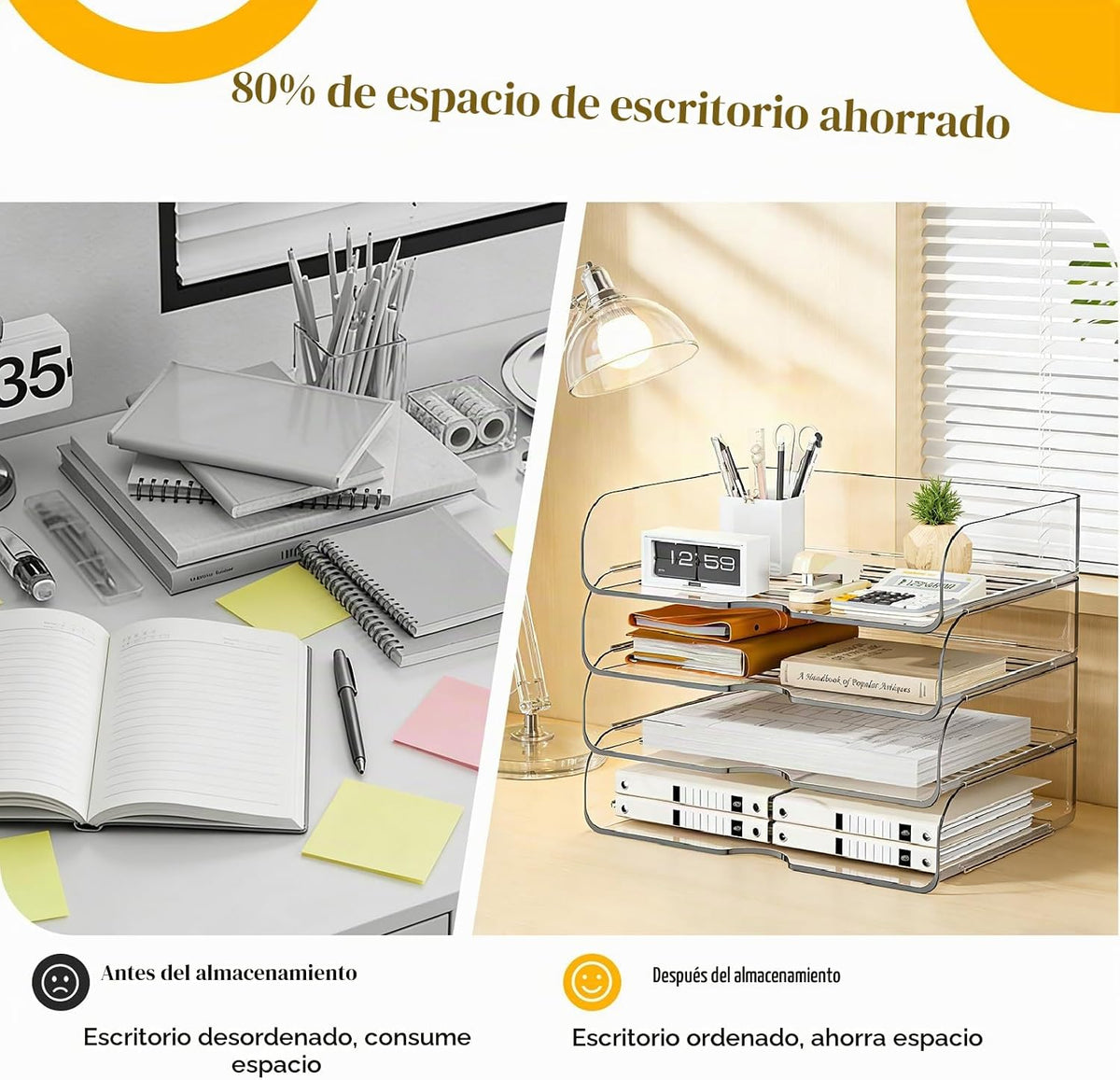 Organizador de escritorio de oficina transparente para papel de letras A4, horizontal de 4 niveles