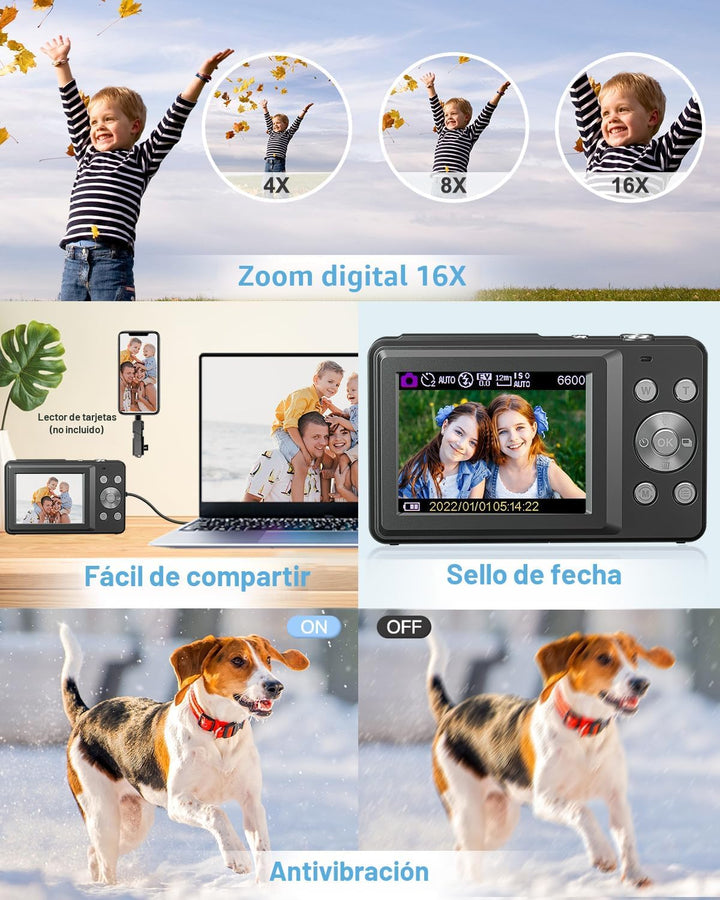 Cámara digital, FHD 1080P - Cámara de apuntar y disparar con zoom d...