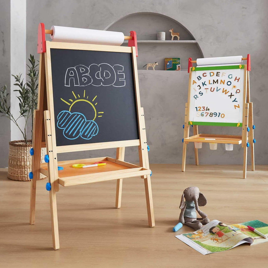 Tiny Land Caballete de madera para niños, caballete de arte con pizarra y