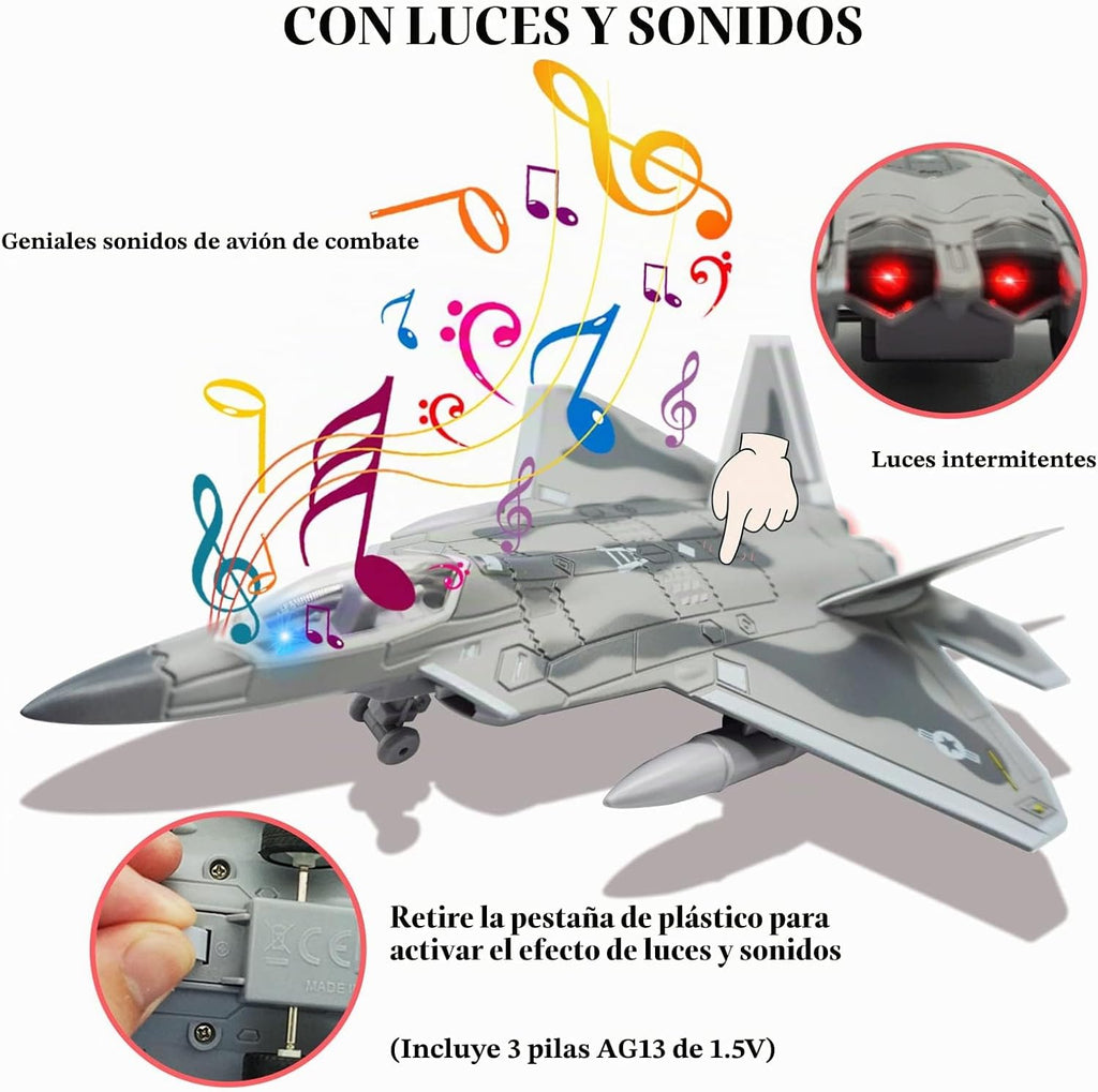 Avión de combate F-22 Raptor Fighter Bomber Diecast Avión militar 1/100 Modelo de avión con luces y sonidos para niños