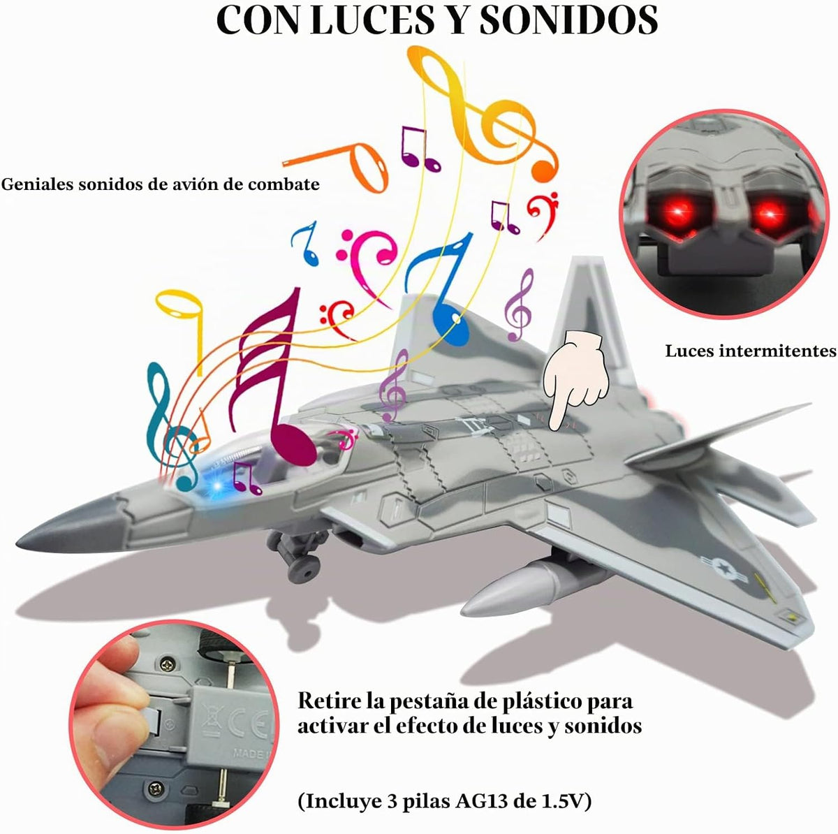 Avión de combate F-22 Raptor Fighter Bomber Diecast Avión militar 1/100 Modelo de avión con luces y sonidos para niños