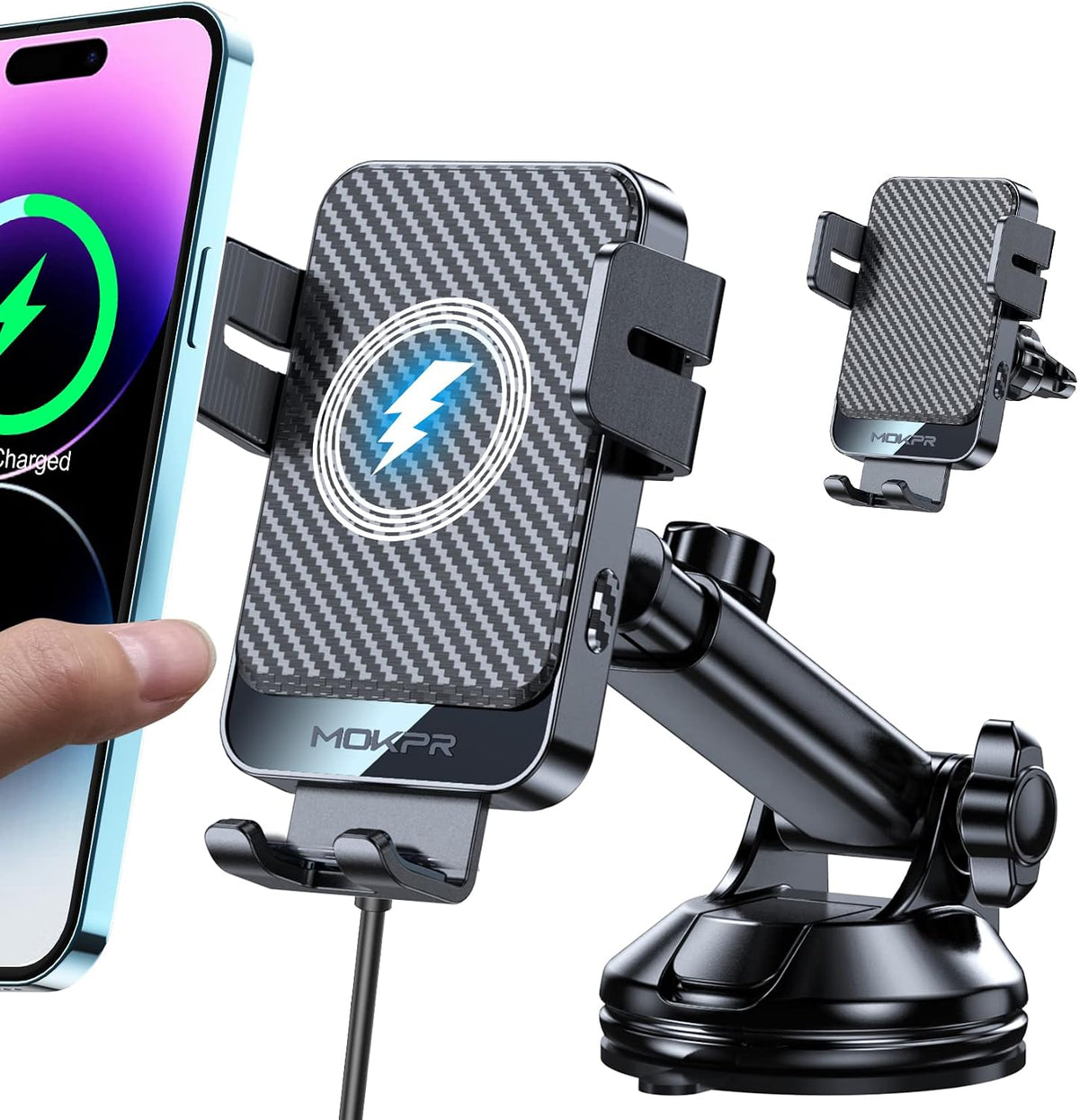 Cargador Inalámbrico para Coche, MOKPR 15W Carga Rápida Soporte de Coche con Sujeción Automática Universal Manos Libres para Salpicadero Parabrisas Rejilla de Ventilación Compatible con iPhone 16 15