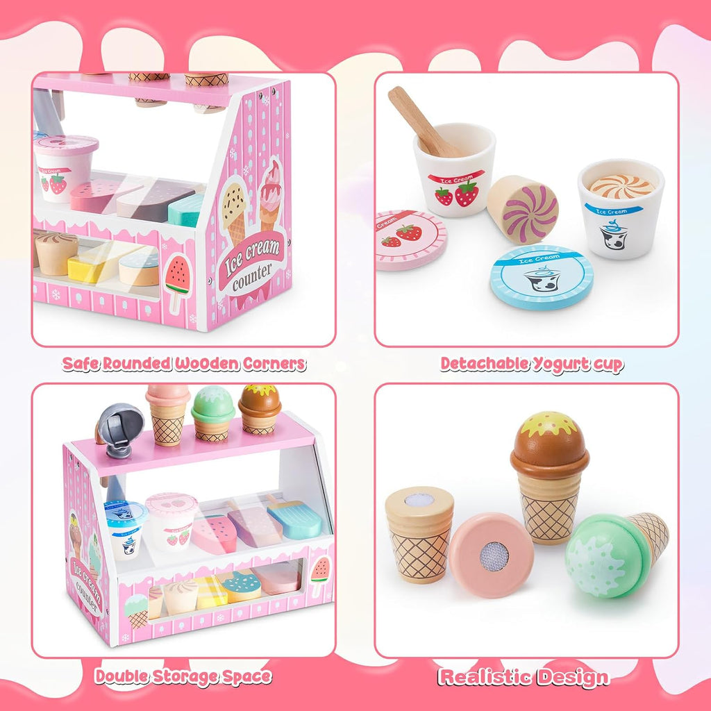Juego de mesa de madera para contador de helados para niñas pequeñas, tienda de juegos, juguete de simulación, accesorios de cocina con dinero y moneda falsos, regalos de cumpleaños de Navidad para niños de 3 años en adelante (rosa)