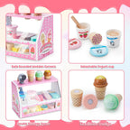 Juego de mesa de madera para contador de helados para niñas pequeñas, tienda de juegos, juguete de simulación, accesorios de cocina con dinero y moneda falsos, regalos de cumpleaños de Navidad para niños de 3 años en adelante (rosa)