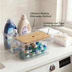 Dispensador de bolsas de basura acrílicas 2 en 1 debajo del fregadero, soporte para bolsas de basura con parte superior de bambú apilable para cocina, despensa, cuarto de servicio