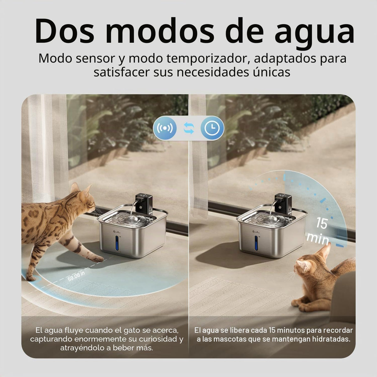 DownyPaws Fuente de agua para gatos Inalámbrica de acero inoxidable