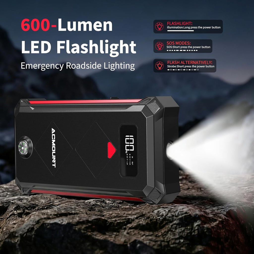 Acmount P100 - Arrancador de auto P100, paquete de batería de arranque de litio de pico de 5000 A para hasta 10.0 L de gas o 8.0 L de motor diésel, paquete de batería portátil de 12 V seguro con