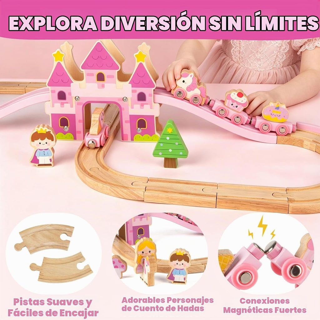 Juego de tren de madera para niñas, juego de tren de castillo de