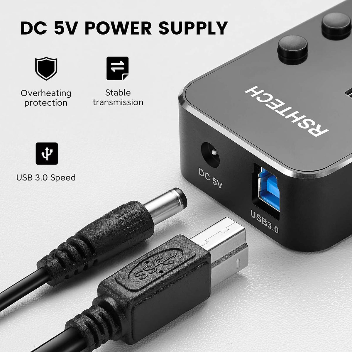 RSHTECH, hub USB 3.0 de 7 puertos, alimentado, adaptador 5V/2A