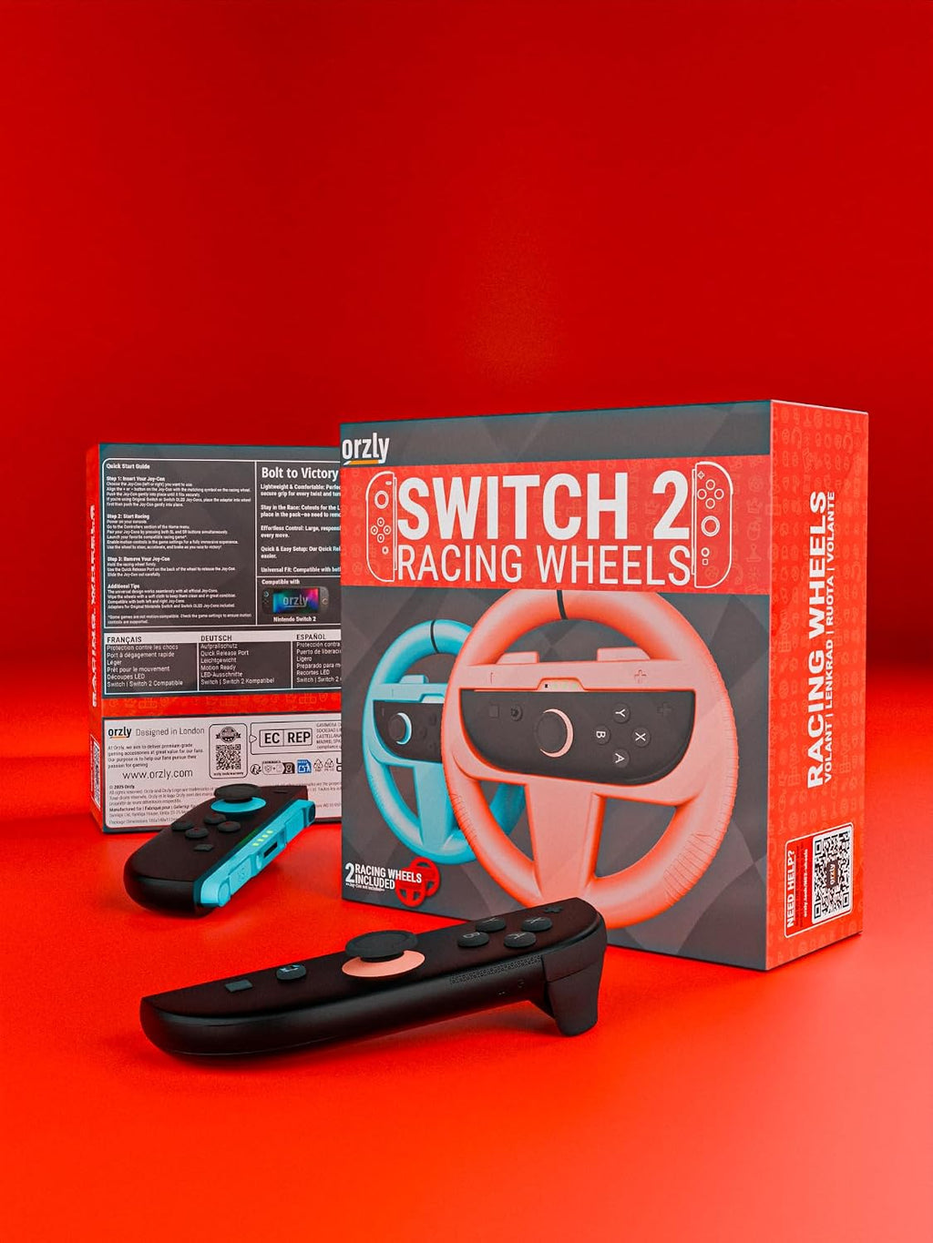 Orzly Volantes Compatibles con Nintendo Switch 2 (Consola 2025) Paquete Doble de Volantes para Coches y Juegos de Mario Kart con Joy-Con Controllers (1 Rojo 1 Azul) en Caja de Regalo