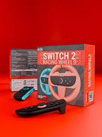 Orzly Volantes Compatibles con Nintendo Switch 2 (Consola 2025) Paquete Doble de Volantes para Coches y Juegos de Mario Kart con Joy-Con Controllers (1 Rojo 1 Azul) en Caja de Regalo