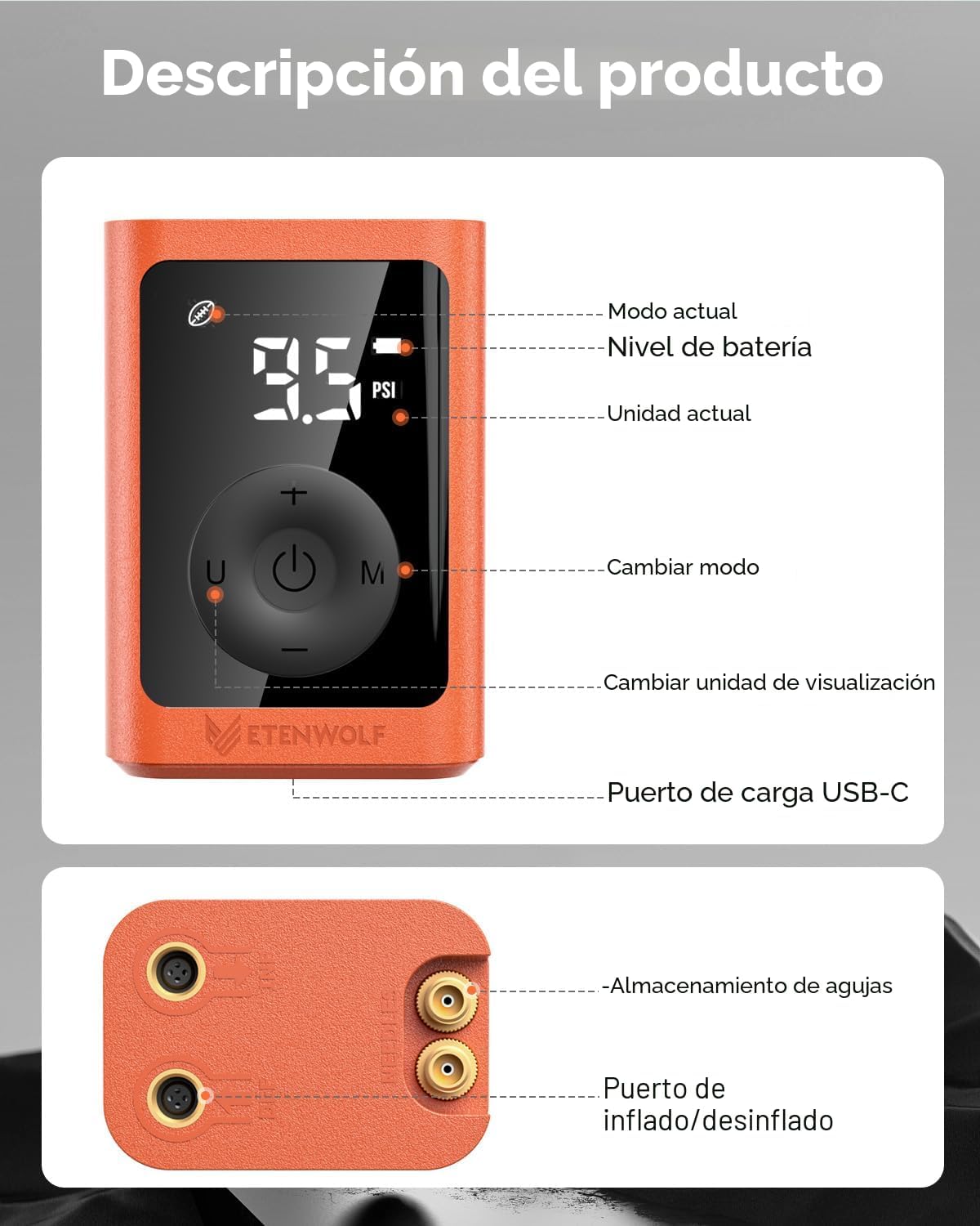 ETENWOLF Bomba de bola P300 Plus, bomba de baloncesto eléctrica para inflar y desinflar, con batería recargable de 3200 mAh, bomba de aire para todas las pelotas deportivas