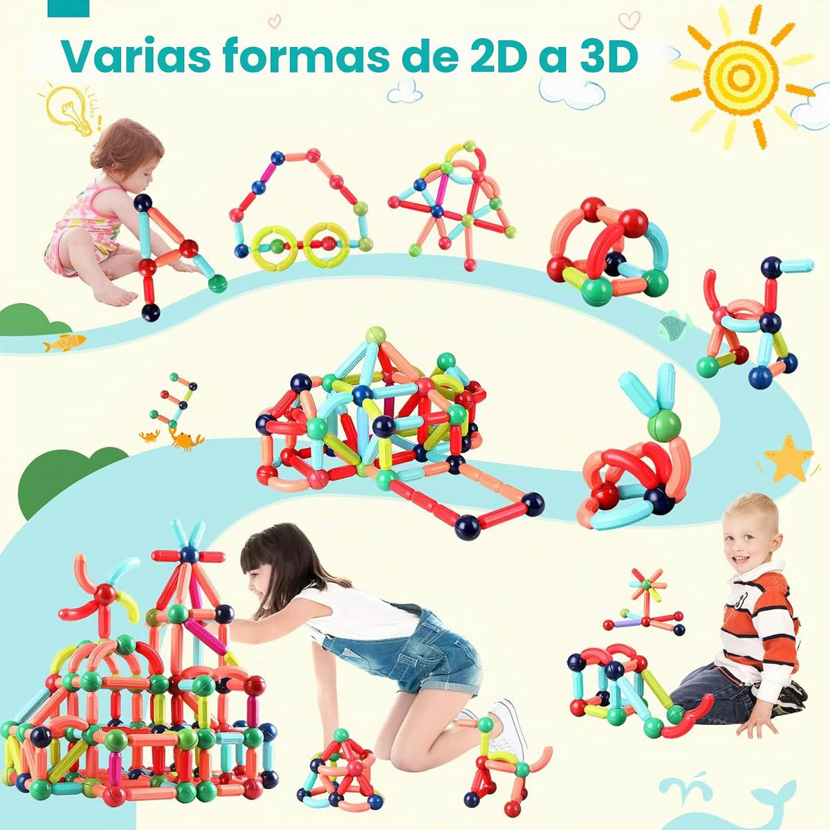 BAKAM Bloques de construcción magnéticos para niños de 4 a 8 años, juguetes de construcción STEM para niños y niñas, juego de palos y bolas magnéticos de gran tamaño para el aprendizaje educativo