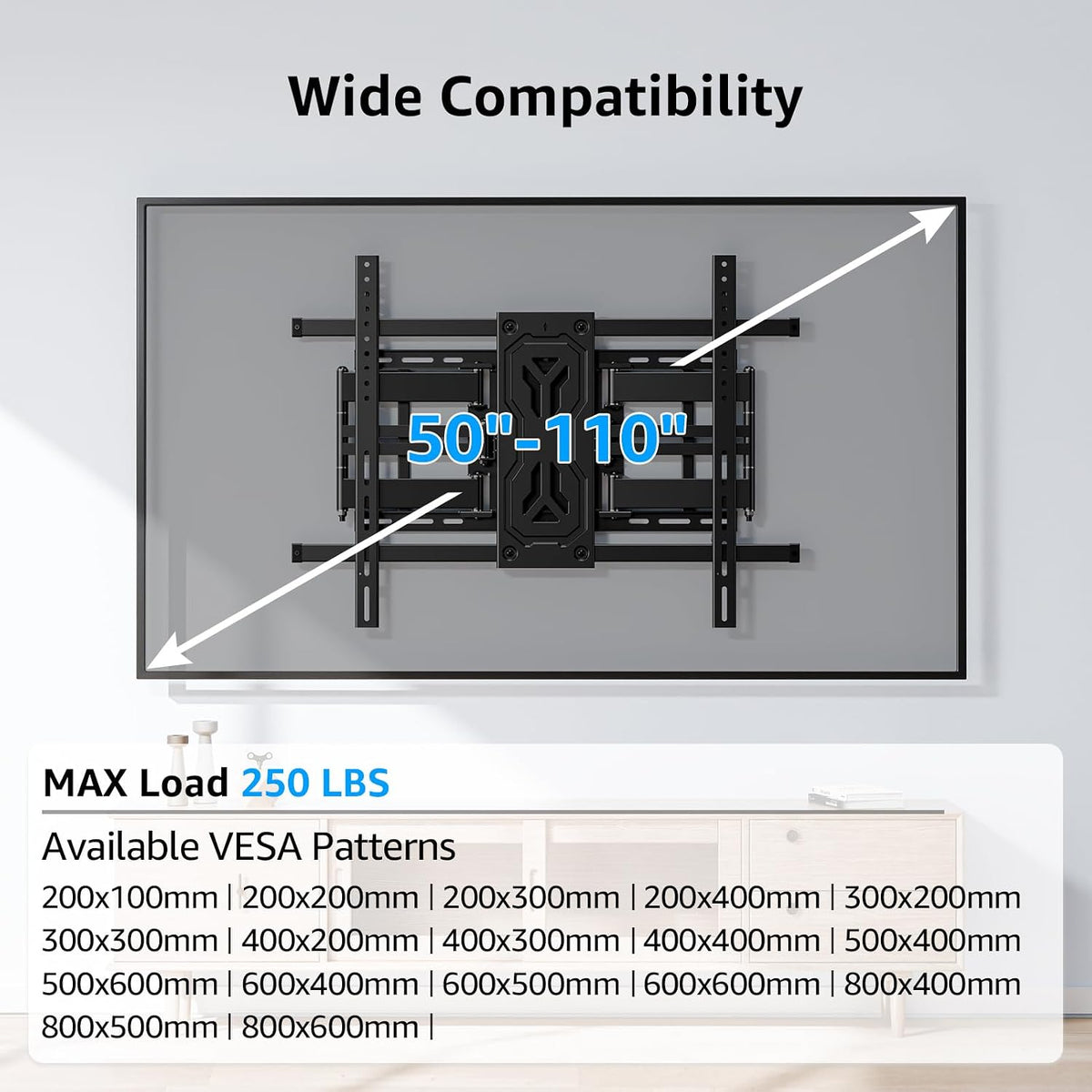 MOUNTUP Soporte de pared para TV con capacidad para 250 libras para televisores grandes de 50 a 110 pulgadas, soporte de TV delgado de movimiento completo de 1.65 pulgadas con extensión, giratorio e