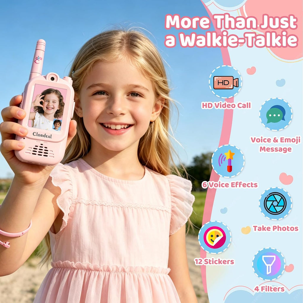 Walkie Talkies de video para niños con emparejamiento automático instantáneo, rango de 600 pies, no necesita WiFi, con video, voz y chat de imágenes, regalo perfecto para niños y niñas de 3