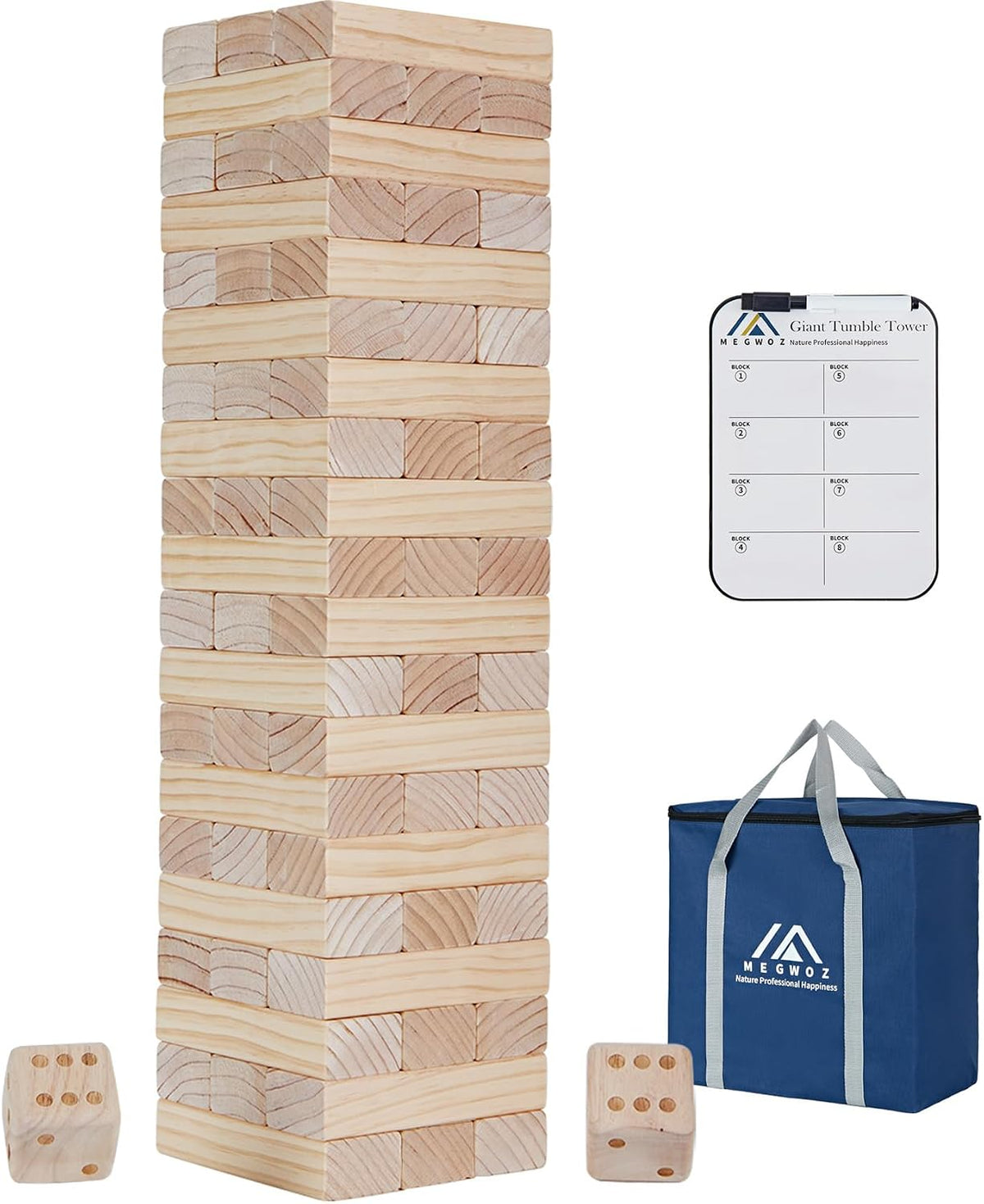 Megwoz- Torre gigante de más de 5 pies de alto, juego de apilar, 60 bloques de madera de pino de Nueva Zelanda; p/interiores/exteriores, fiesta de cumpleaños, para adultos y niños de todas las edades