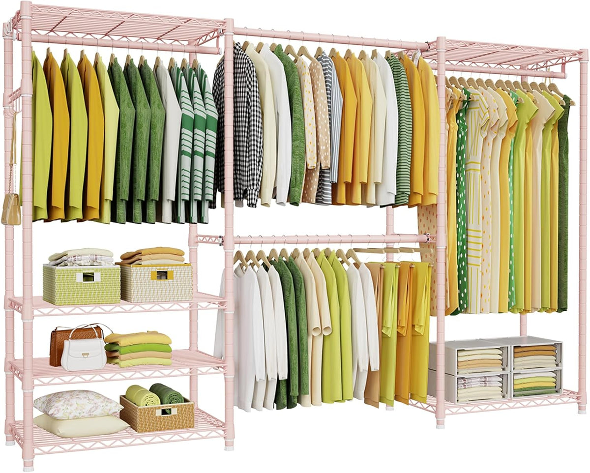 E1 Perchero de Ropa Resistente para Armario, 6 Niveles Ajustable de Metal Independiente Expandible Almacenamiento de Ropa con 4 Barras para Colgar, Fácil de Montar Guardarropa, 71.4" H x (70