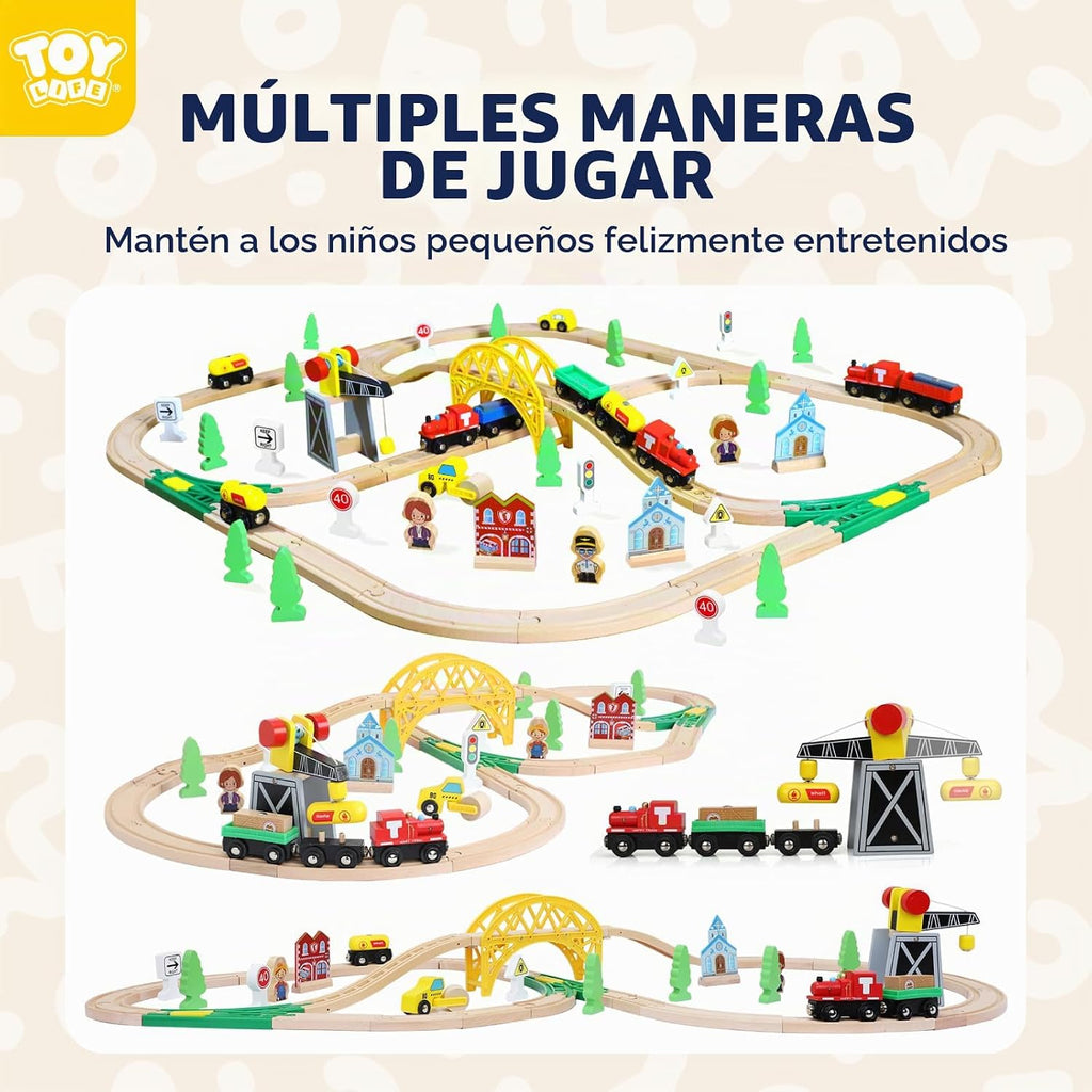 TOY Life Juego de tren de madera con grúa, pista de 60 piezas, niños 3-8