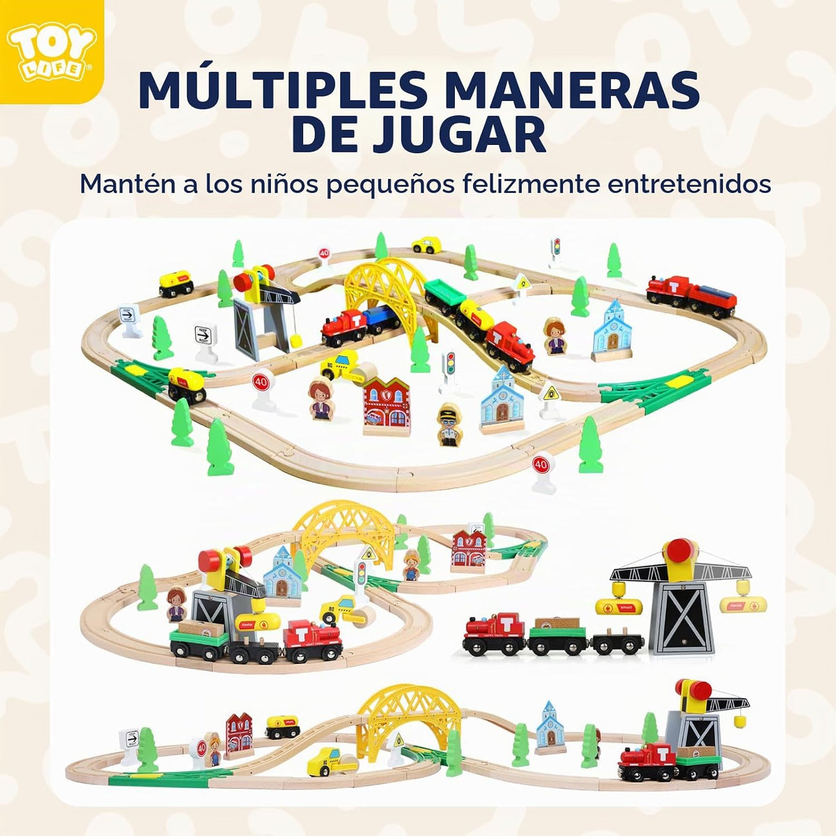 TOY Life Juego de tren de madera con grúa, pista de 60 piezas, niños 3-8