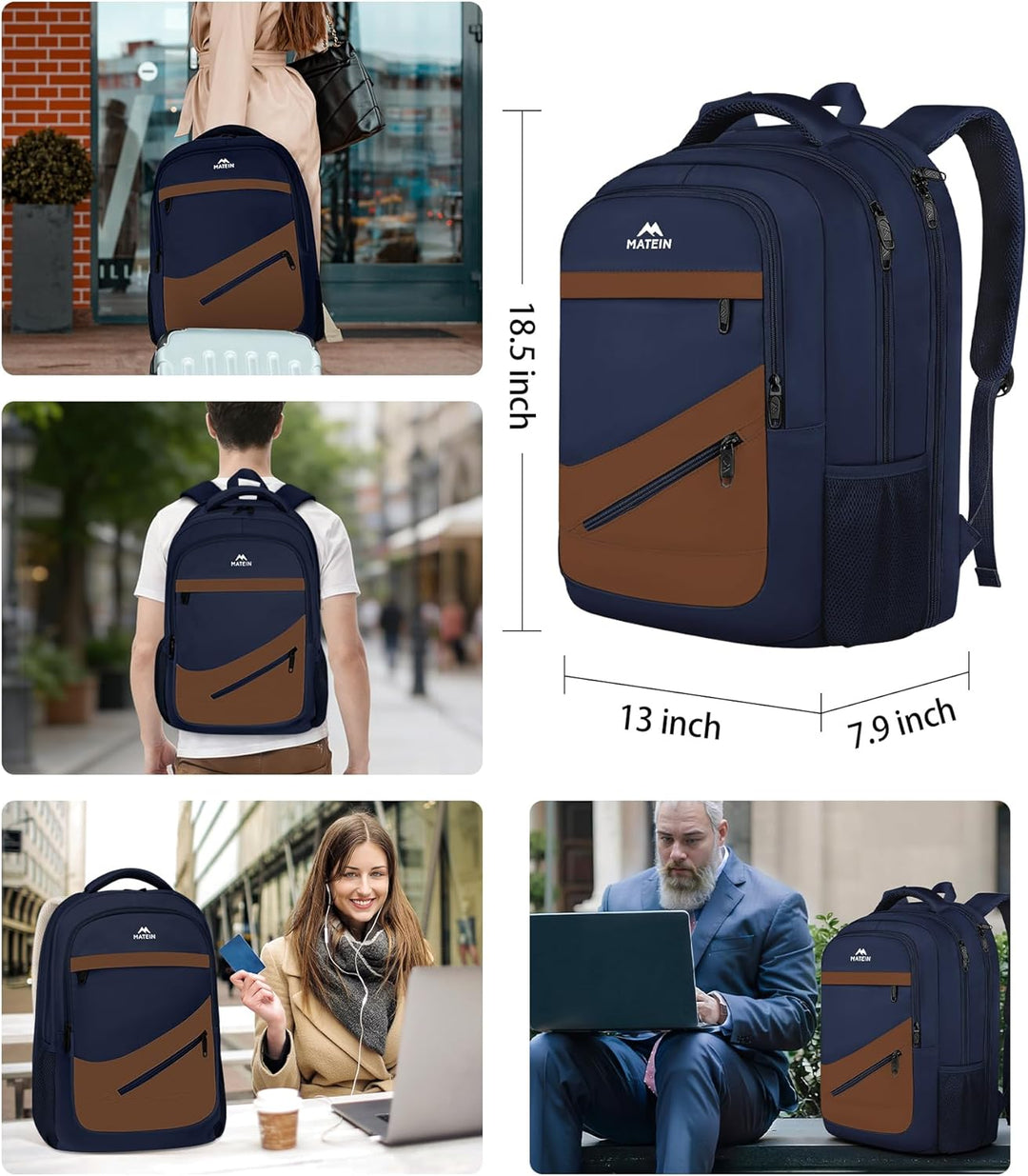 MATEIN Mochila para laptop, azul oscuro, marrón., 17 pulg., Mochila...