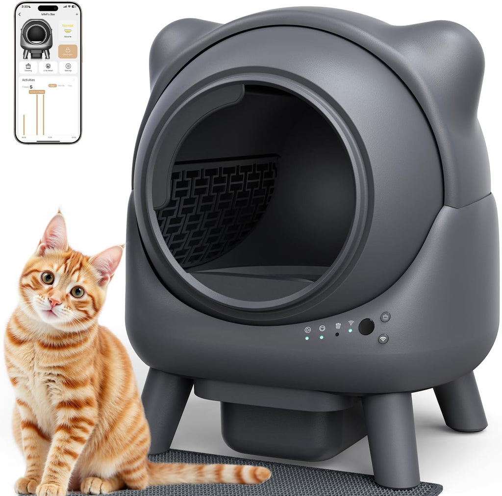 FEELNEEDY - Caja de arena automática de limpieza automática, robot de control de olores, diseño de orejas de gato, monitor en tiempo real de aplicación de 65 L, cajas de arena para gatos para