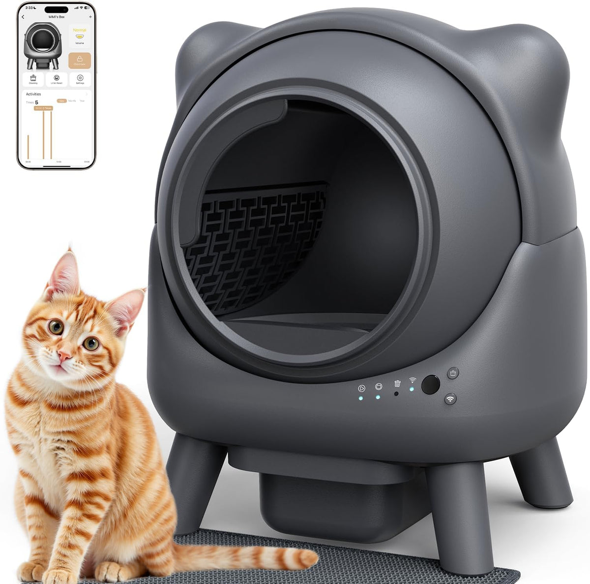 FEELNEEDY - Caja de arena automática de limpieza automática, robot de control de olores, diseño de orejas de gato, monitor en tiempo real de aplicación de 65 L, cajas de arena para gatos para