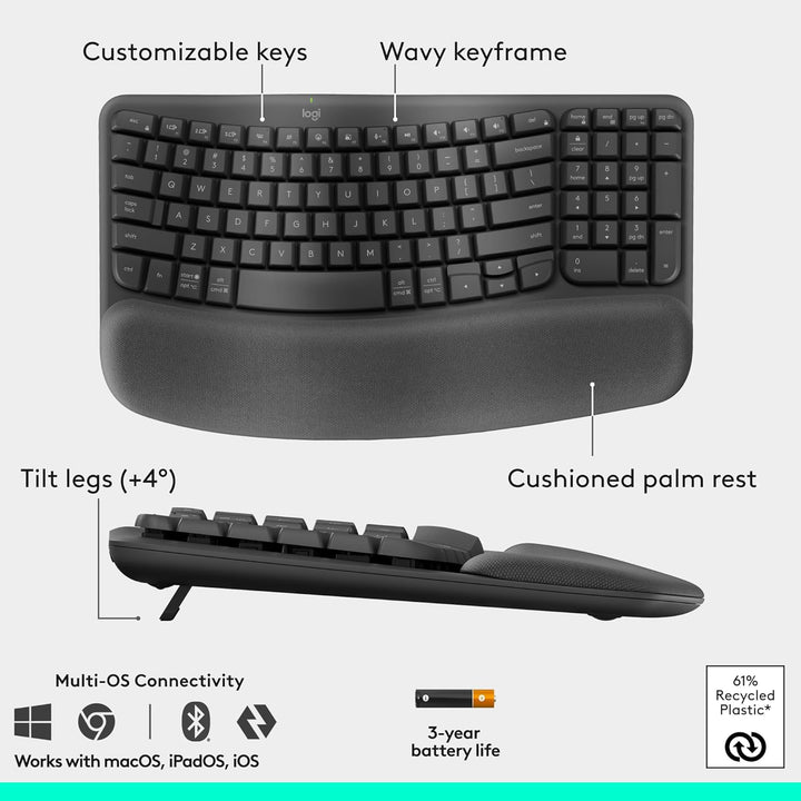 Logitech Wave Keys &amp; Lift - Combo ergonómico de teclado y mouse...