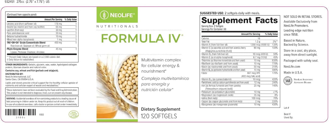 NeoLife - Fórmula IV Softgel - Vitaminas A, C, D, E, Complejo B, Mu...