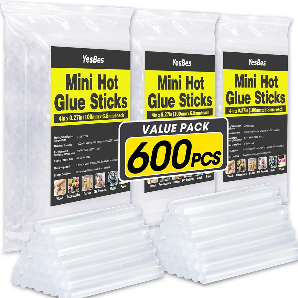 Paquete de 600 mini barras de pegamento caliente, 4 pulgadas de largo x 0.27 pulgadas de diámetro para mini pistolas de pegamento, multiusos para madera, metal, vidrio, plástico, floral, tela, cuero, espuma, floral